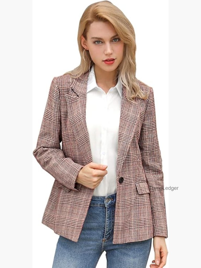 Houndstooth Notched Lapel One Button Blazer Suit Jacket Women